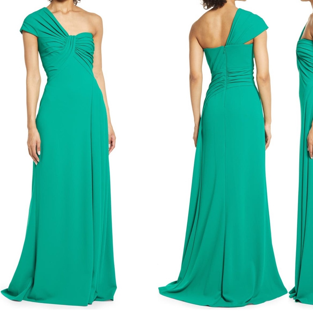 NEW Tadashi Shoji One Shoulder Green Crepe Dress size medium